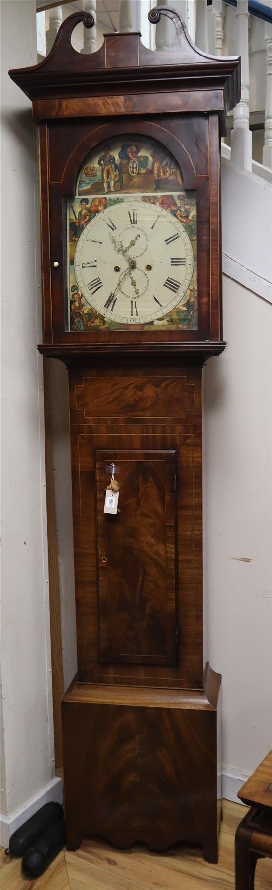 A 19th century Scottish mahogany longcase clock, having eight-day movement with painted break-arch dial H.234cm